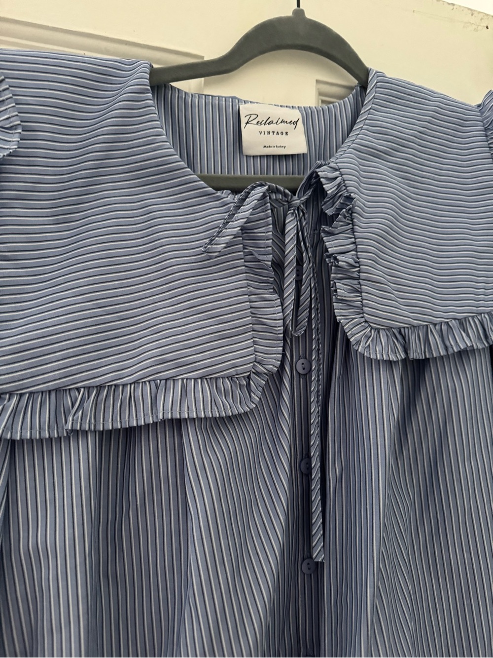 Reclaimed Vintage Blue Pinstripe Ruffle Collar Shirt Dress - Picture 2 of 3